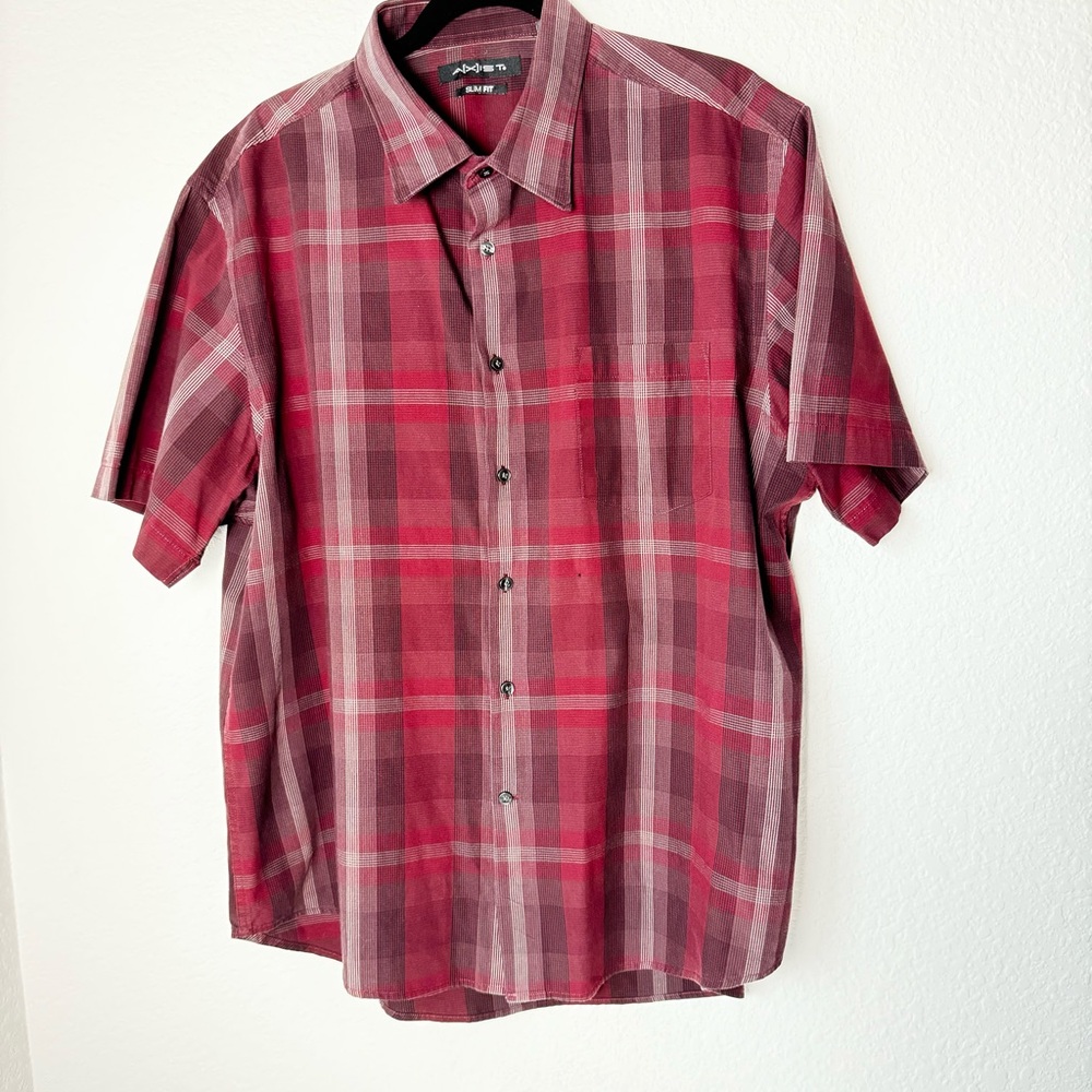Axist Slim Fit Mens Short Sleeve Red Plaid Button-Down Shirt XXL, Flawed Shirt h